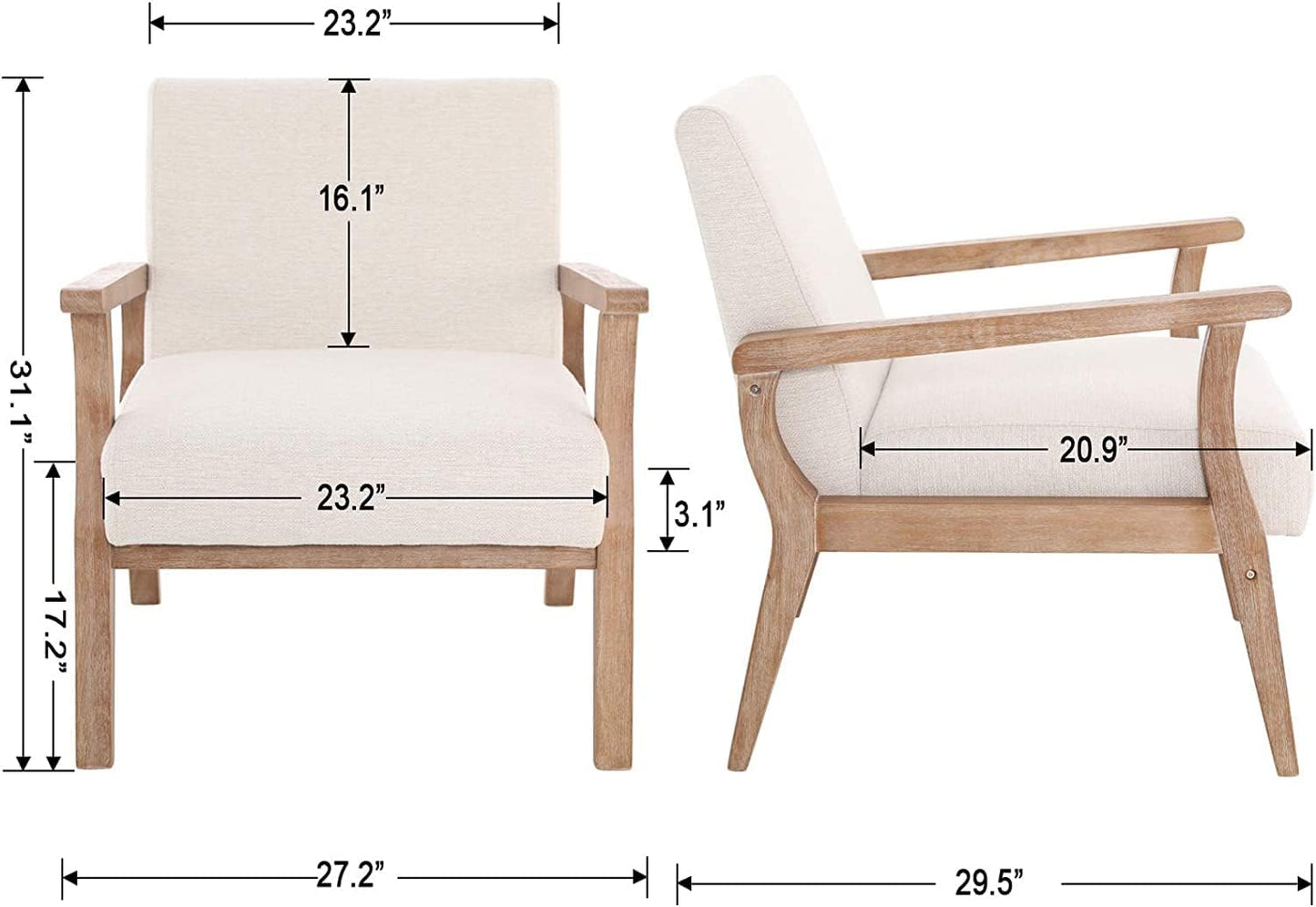 Beige Accent Chair Set of 2 Mid Century Modern Living Room Armchair Wood Sitting Chair Linen Fabric Upholstered Side Chair for Bedroom Cream