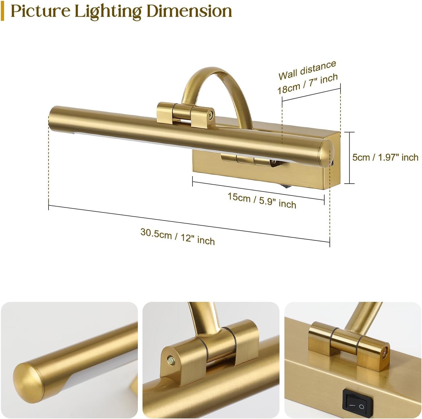 Wireless Picture Lights for Wall Rechargeable Brass Gallery Lights Battery Operated Art Lamps with Remote and Timer Dimmable Painting Lights for Artwork Portrait Display 12 Inch 2W 2700K