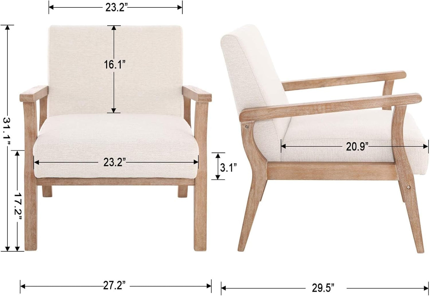 HNY Mid Century Armchair with Wood Frames, Linen Upholstered Living Room Arm Chair, for Living Room, Bedroom, Ivory