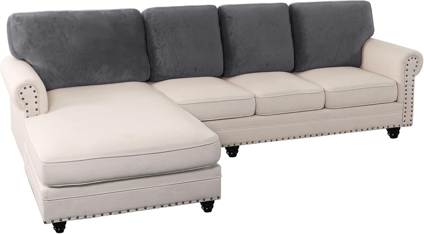 PrinceDeco Sectional Couch Covers Velvet Cushion Covers for Sectional Couch Washable Cushion Covers for Sectional Sofa Pet Friendly Sectional Sofa Slipcovers(1 Chaise Back+ 3 Sofa Back,Grey)