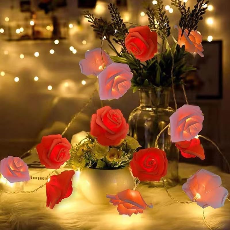Everlasting Splashes LED Rose Flower Fairy String Lights Battery Operated Flashing Light Romantic Proposal Wedding Birthday Christmas Thanksgiving DIY Indoor Outdoor Decorations (Blue & Soft White)