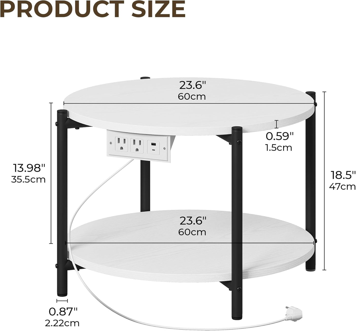 LIKIMIO Side Table, 23.6" W Round End Table with Charging Station, Modern Wooden Nightstand for Small Spaces, Living Room, Bedroom, White