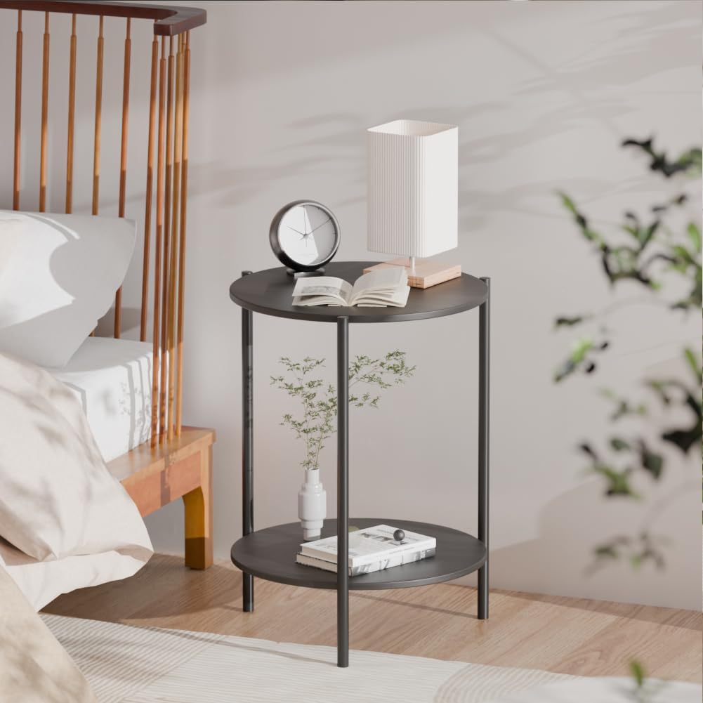 Side Table, Round End Table with 2-Layer Storage Rack, 15.7" Small Spaces Circle Table, Metal Frame Design Small Side Tables, for Living Room, Bedroom, Grey