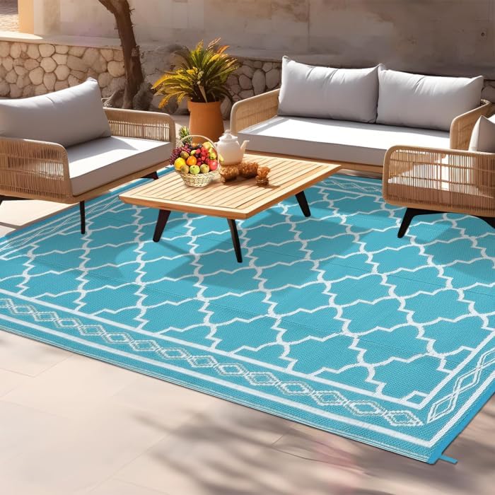 GAOMON Outdoor Rug for Patio 5'x8' Reversible Plastic Rugs Camping Mat for Outdoor, RV, Backyard, Deck, Balcony, Picnic, Beach, Teal/White(Geometric)