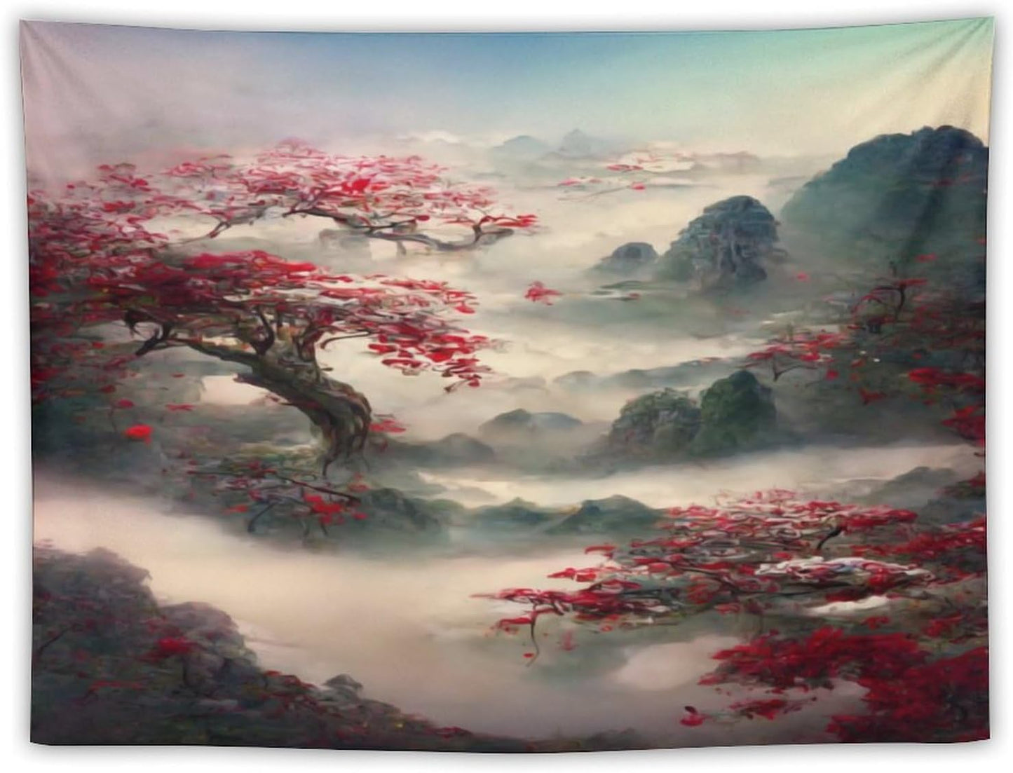 Houselerax Japanese Tapestry, Red Plum Cherry Blossom Mountain Tapestries, Asian Japanese Wall Decor, Nature Landscape Tapestries for Bedroom Living Room Decor 40"x30"