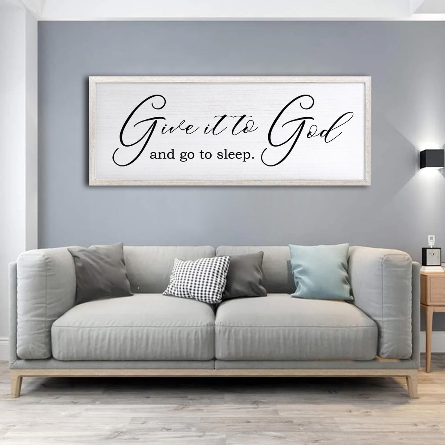 Give It To God And Go To Sleep Sign Wall Decor 40x15 Inch Large Farmhouse Master Bedroom Above Bed Hanging Wall Art Rustic Guest Room Wood Framed Over Bed Wall Decoration (White)