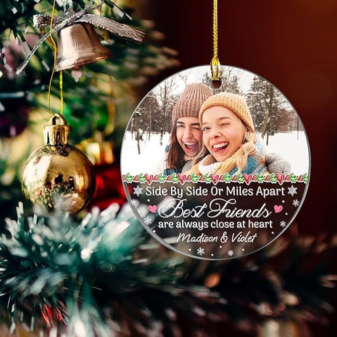 Personalized Best Friend Ornament Custom Friendship Christmas Ornament Friends Always Close at Heart Acrylic Ornaments with Photo Picture Xmas Tree Gifts for Besties BFF Soul Sister