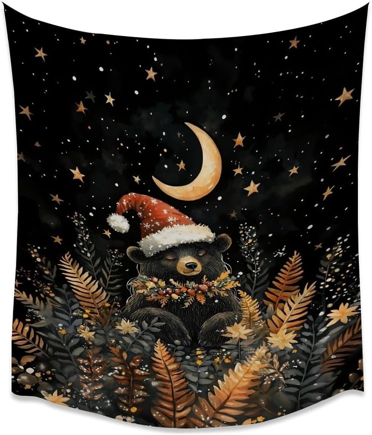 Whimsical Christmas Tapestry Moon Stars Dark Aesthetic Wall Hanging Decor Cute Bear Tapestries for Kids Room Decoration Funny Christmas wall art for Bedroom Dorm Living Room 30x40inch