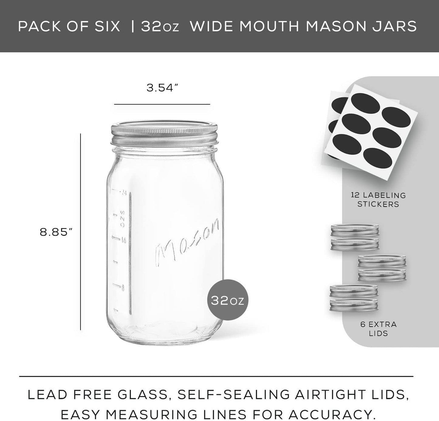 32 Oz Mason Jars With Lids, Labels and Measures! 6-Pack Wide Mouth Mason Jars, Glass Jar with Lid and Band. Airtight Canning Jars, Overnight Oats Jars, Salad Jars, Sourdough Starter Jar