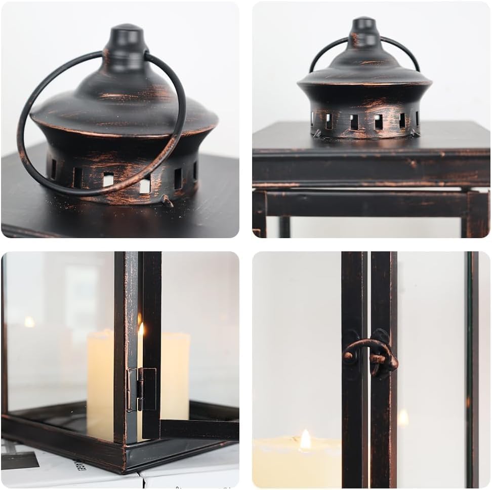 DECORKEY Large Lantern Decorative Outdoor & Indoor, Set of 2 (14’’&10’’) Metal Candle Lanterns Decor, Vintage Hanging Candle Holder for Front Porch Patio Wedding Farmhouse Home, Spring Decoration