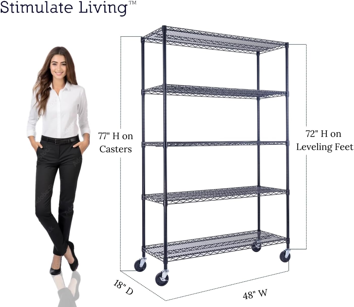 48"x18"x72" PRIME HEAVY DUTY Black 5-Tier Wire Shelving NSF 4000 LBS MAX Capacity Storage Rack for Commercial, School, Home, Garage, Warehouse, Industrial, and Hospital Uses (with Wheels)