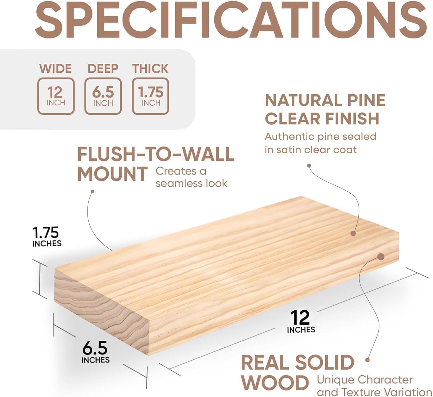 Homeforia 12 inch Natural Floating Shelf, High End Solid Real Wood 12inch Small Floating Shelves for Wall Mounted, Natural Wooden Floating Shelves, Heavy Duty Bracket, 12 X 6.5 X 1.75 in, Set of 2