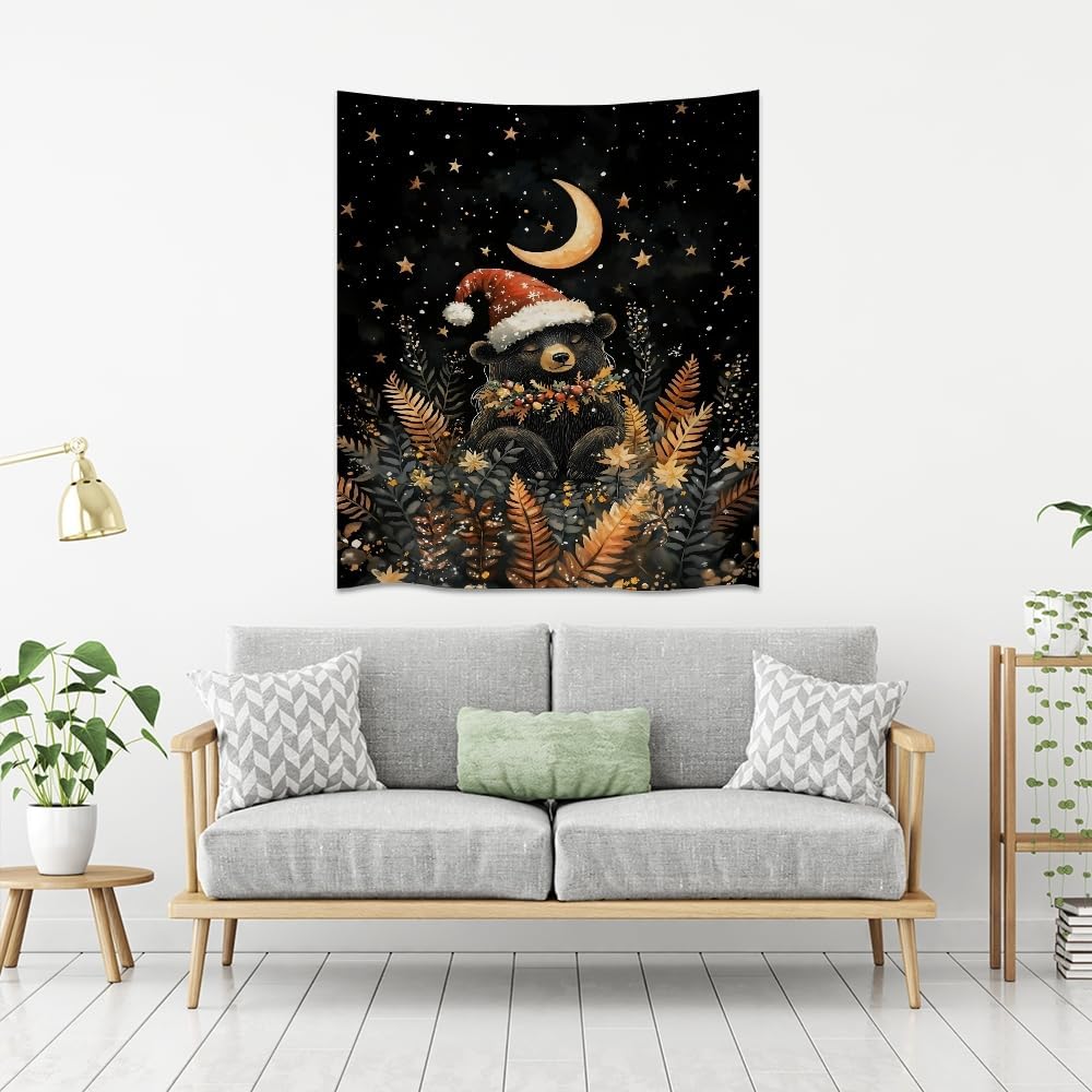 Whimsical Christmas Tapestry Moon Stars Dark Aesthetic Wall Hanging Decor Cute Bear Tapestries for Kids Room Decoration Funny Christmas wall art for Bedroom Dorm Living Room 70x90inch