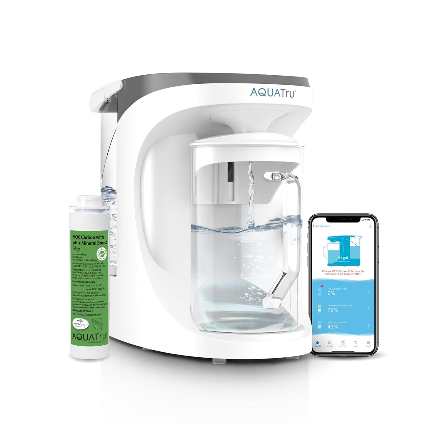 AquaTru Carafe Smart Alkaline | Countertop Water Purifier for PFAS and Other Contaminants with Exclusive 4-Stage Ultra Reverse Osmosis Technology (No Plumbing or Installation Required) | BPA Free