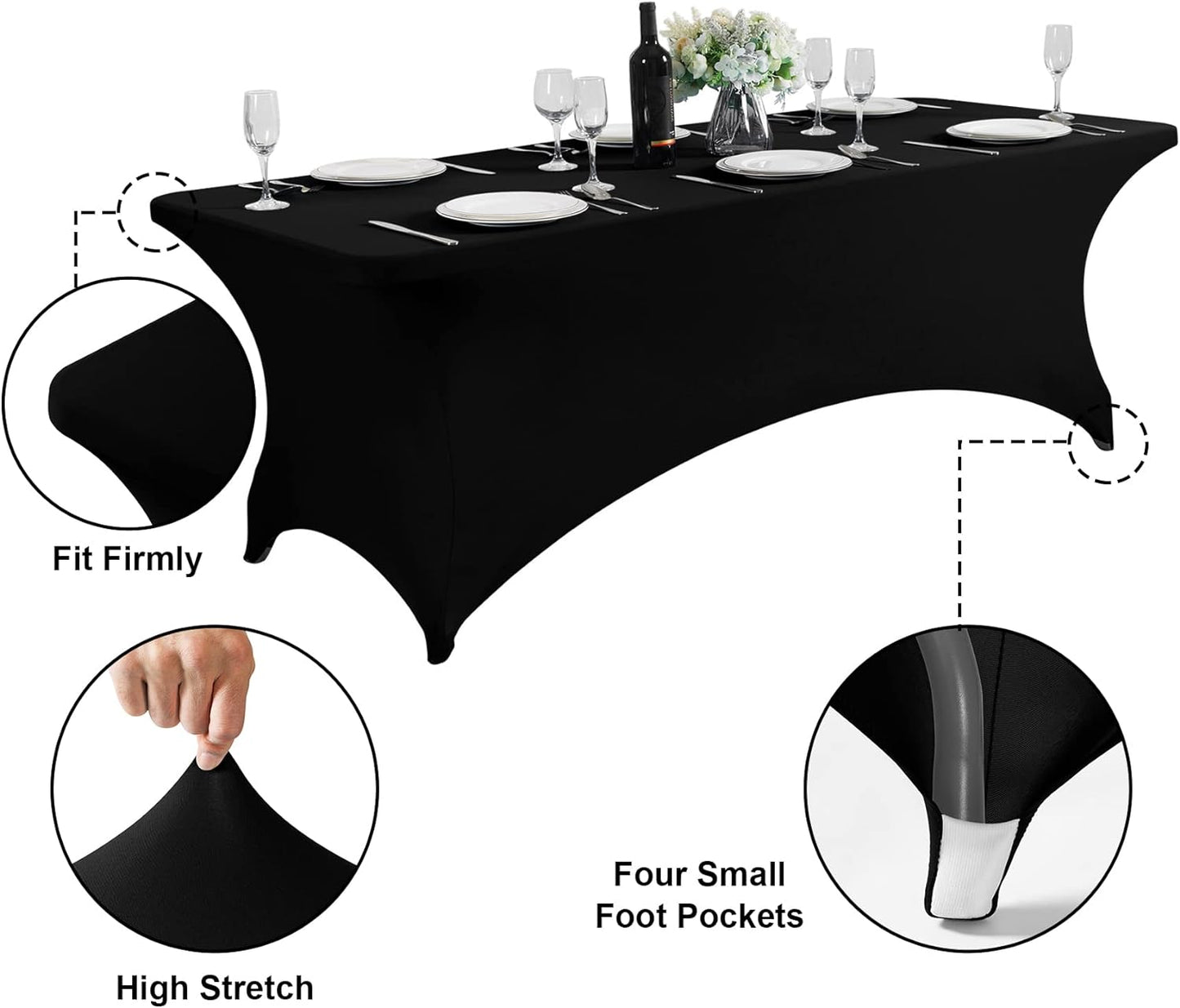 SuperO 6Pack Waterproof Spandex Table Cover for 6FT Table Universal Fitted Stretch Tablecloth for Party, Banquet, Wedding and Events-Black