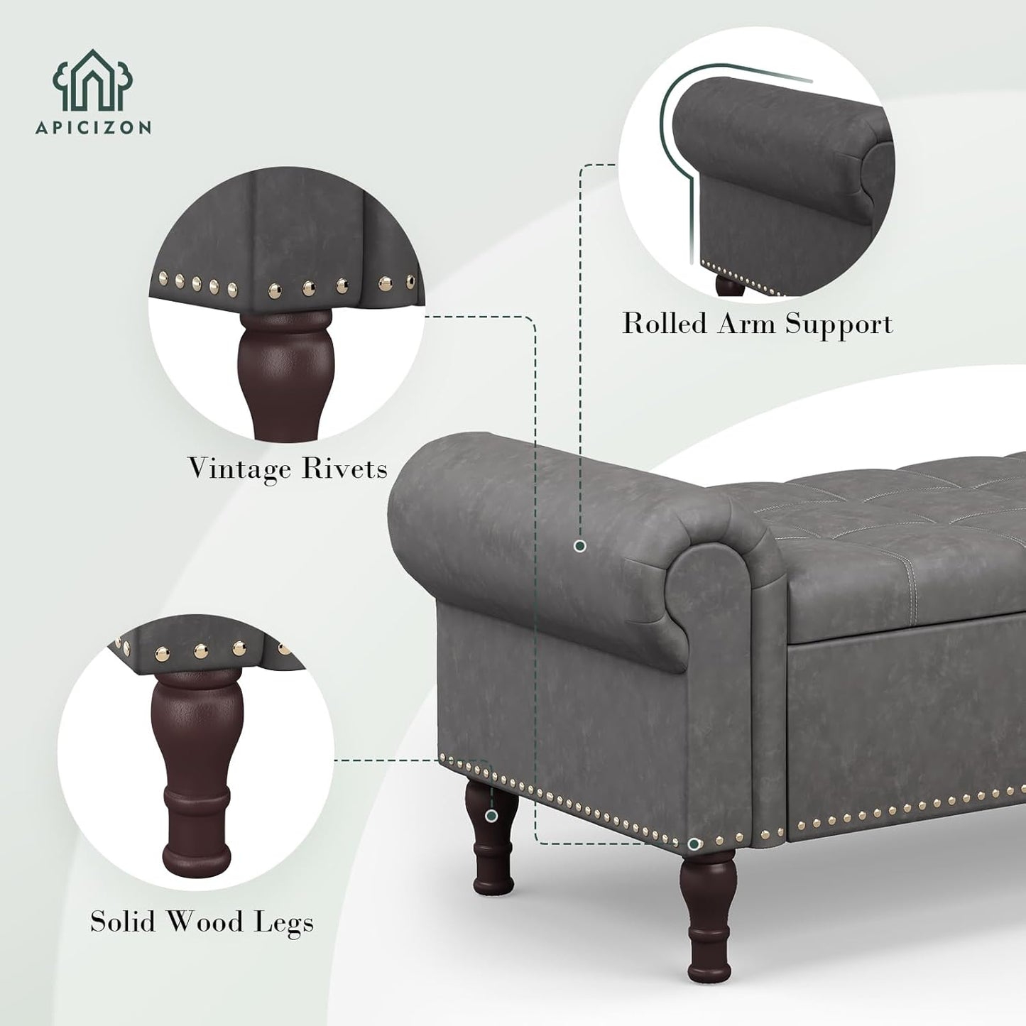 Apicizon 51”Bench with Storage, Upholstered Tufted Button Window Bench with Plenty Hidden Storage Space,Faux Leather Ottoman Bench for Bedroom, Living Room, Entryway，Gray