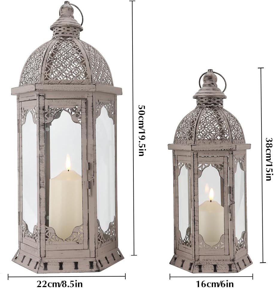 JHY DESIGN Set of 2 Decorative Candle Lanterns 22"&17" H Vintage Metal Candle Holder for Garden Indoor Outdoor Parties Weddings Patio Home Decor(Grey with Black Brush)