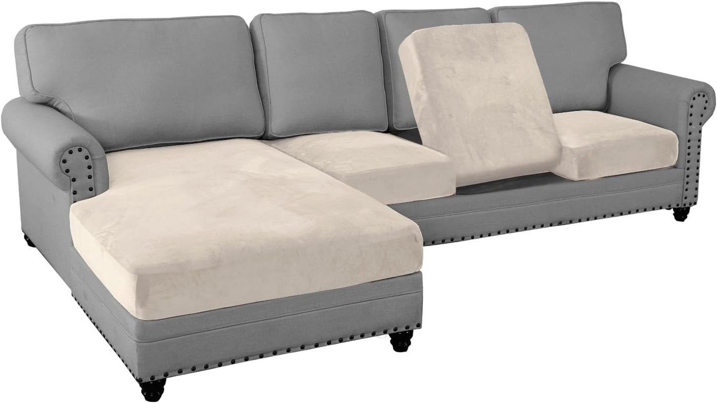 PrinceDeco Sectional Couch Covers 4 Pieces Couch Covers for Sofa Velvet Separate Couch Cover L Shape for Left/Right Chaise(3 Seater + 1 Chaise,Ivory)