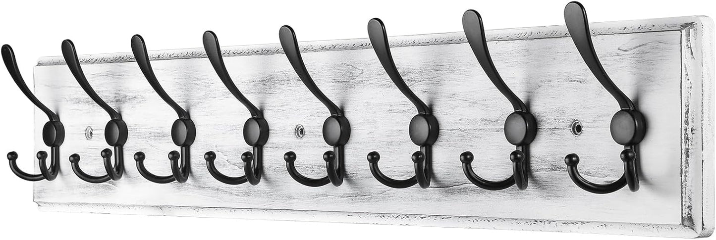 Coat Rack Wall Mount, Wooden Heavy Duty Coat Rack for Wall,8 Triple Coat Hanger Hooks for Hanging Coats,Jacket,Hat,Clothes (Grey White, 8 Hooks)