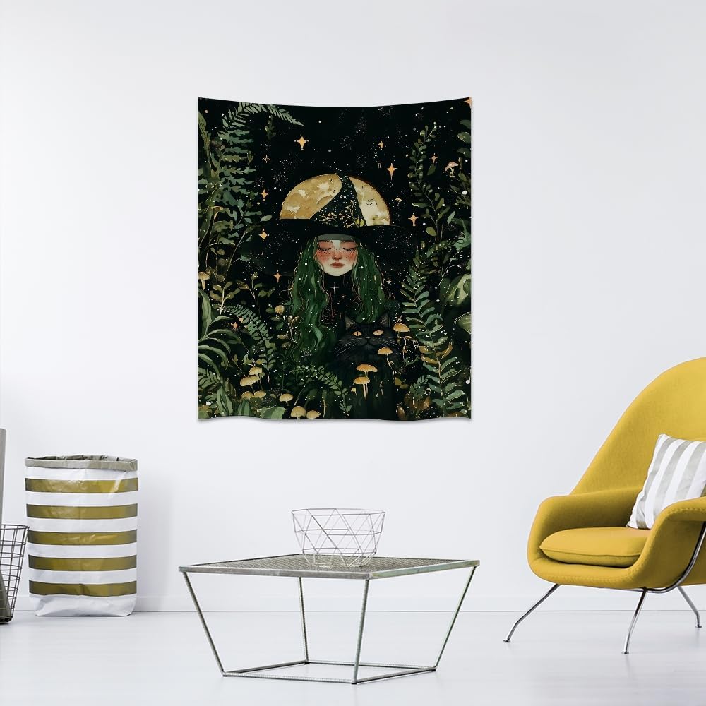 Moon Witch Tapestry Wall Hanging Mystical Botanical Green Print Dark Forest Witchy Decor Gothic Magical Black Cat and Moon Tapestries for Bedroom Living Room Dorm Decoration Aesthetic 60x80inch