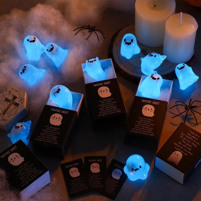 32 Sets Halloween Mini Ghost Figures with Box, Glow in The Dark Mini Resin Ghosts, Luminous Ghost Miniature Resin Figurines for Halloween Party Favors (1PCS E)