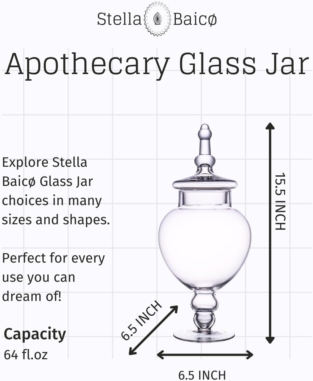 Large Glass Apothecary Jars with Lid, Clear Glass Candy Jar for Candy Buffet, Decorative Glass Jar for Party, Wedding and Home Decor, Elegant Glass Candy Canister (Height: 15", Diameter: 6.3")