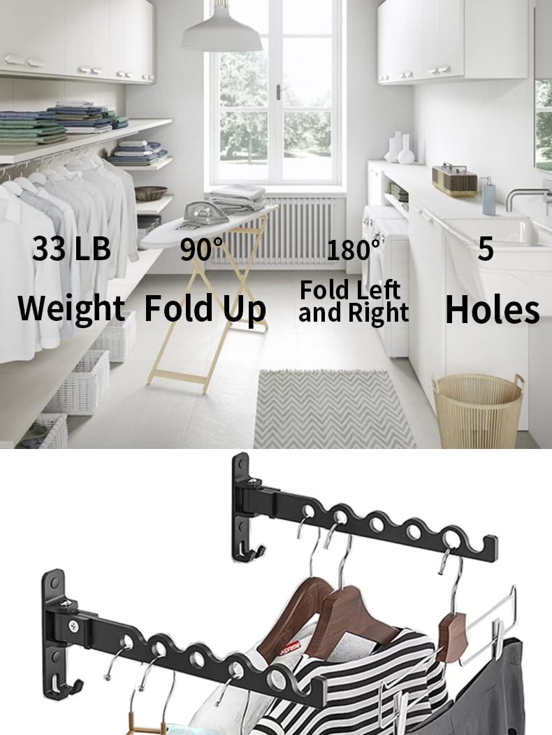 Dr.DJ Wall Hanger for Clothes, Coat Hanger Mounted Matte Black Retractable Clothes Drying Organizer Rack Garment Hooks Aluminium Folding Indoor Space Saver (2 Racks) Black