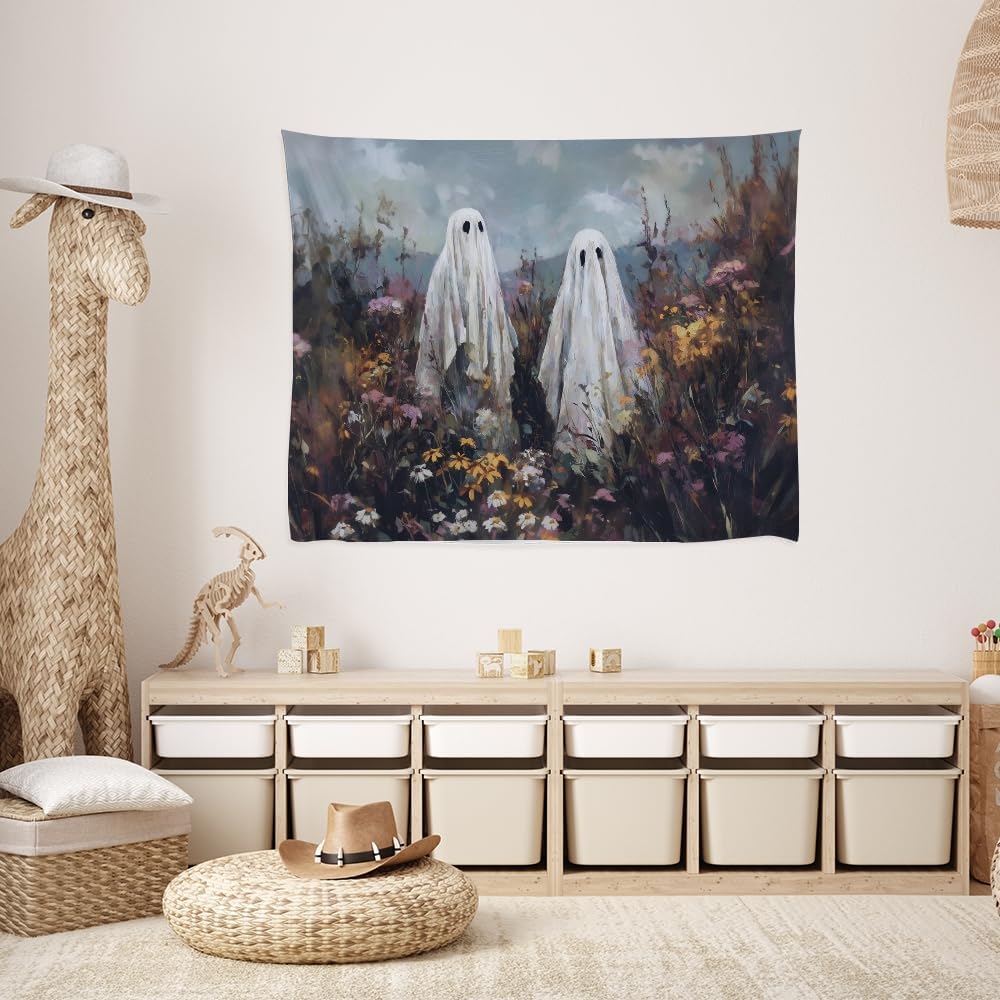 Halloween Ghosts in Wildflowers Tapestry Wall Hanging Spooky Cute Ghost Floral Tapestries Victoria Moody Artwork Aesthetic Print for Goth Living Room Bedroom wall Decor 40x60inch
