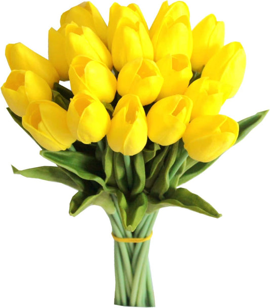 Mandy's Artificial Tulips 20 Stems Yellow PU Faux Flowers for Wedding Home Decor 13.5 Inch