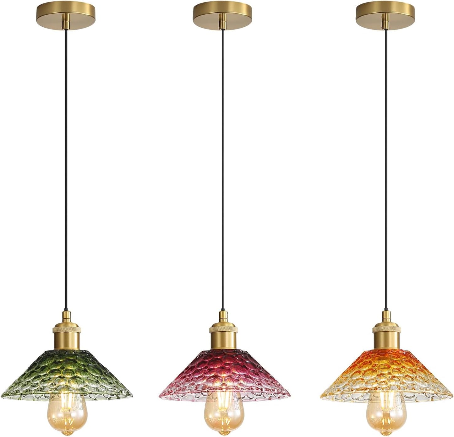 3-Pack Pendant Lights, Modern Glass Ceiling Hanging Light Fixtures,Adjustable Three Color Glass Shades Vintage Gold Chandeliers for Kitchen Island Dining Room Livingroom Entryway Farmhouse Bar