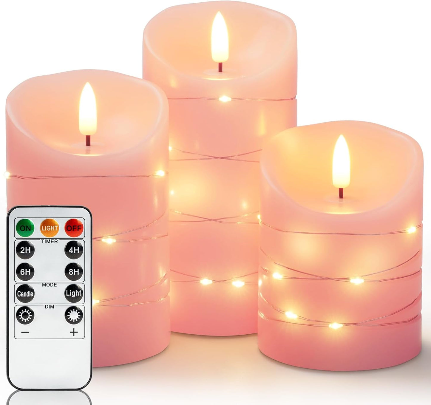 Homemory Flameless Candles with String Lights, 3 Pack Embedded Fairy String Lights LED Candles, Electric Flickering Candles with Remote Control and Timer, Real Wax, Pink