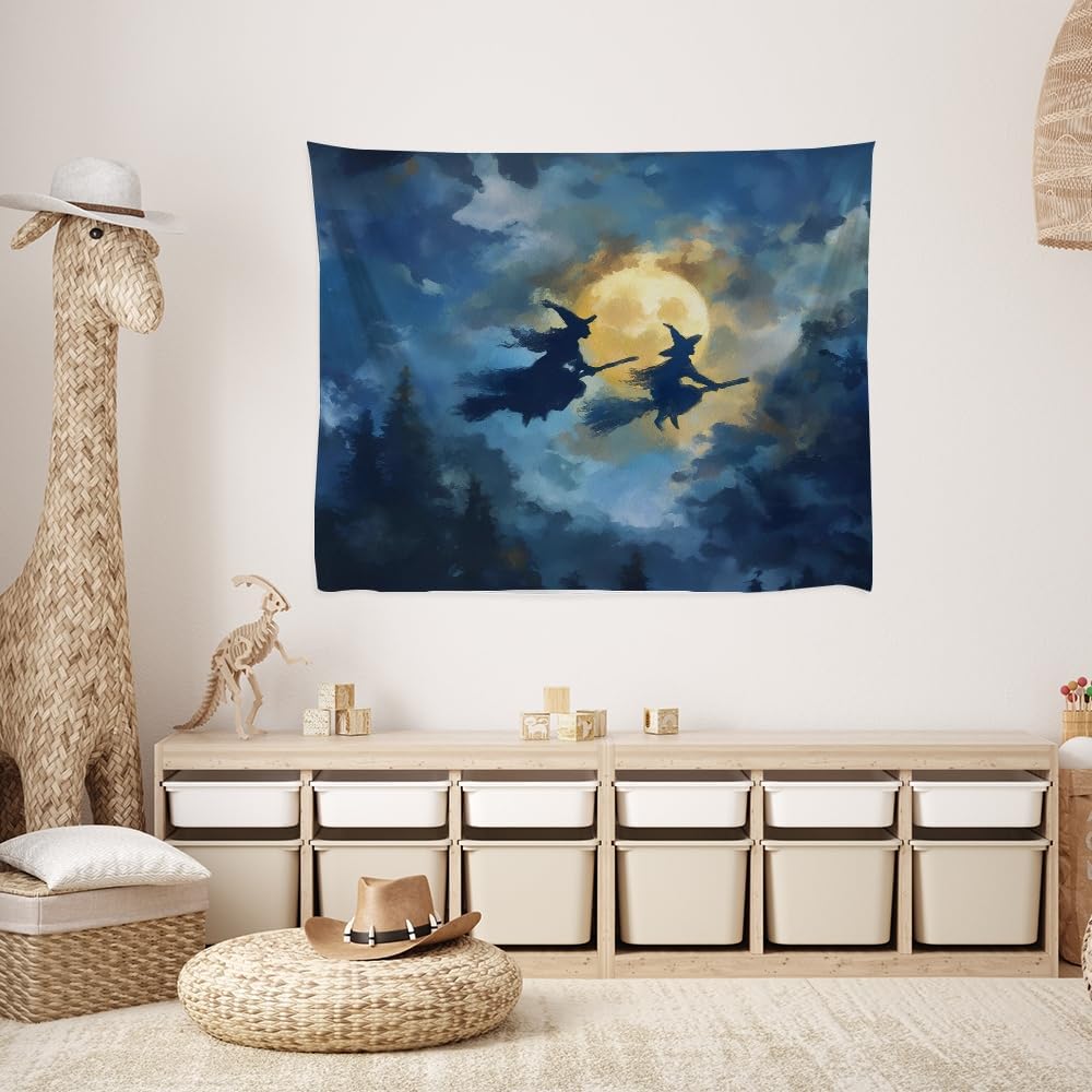 Spooky Halloween Witch Tapestry Wall Hanging Dark Fantasy Night Sky Aesthetic Print Flying Witches Under Full Moon Tapestries Horror Ghost Halloween Party Decor for Living Room Bedroom 50x60inch