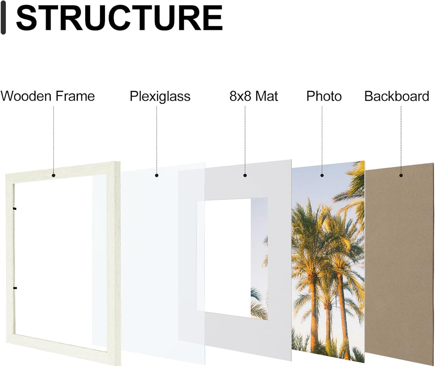 Vittanly 12x12 Picture Frames Set of 9, Shatter Resistant Plexiglass, Display 8x8 Pictures with Mat or 12x12 without Mat, Photo Frames for Wall Mount, Engineered Wood, Whitemist