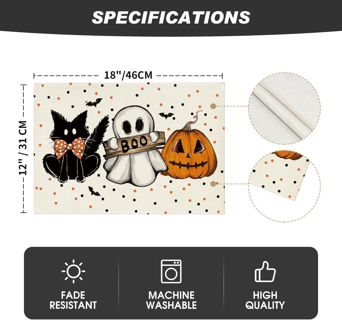Artoid Mode Beige Polka Dot Ghost Pumpkin Cat Boo Halloween Placemats Set of 4, 12x18 Inch Seasonal Table Mats for Party Kitchen Dining Decoration