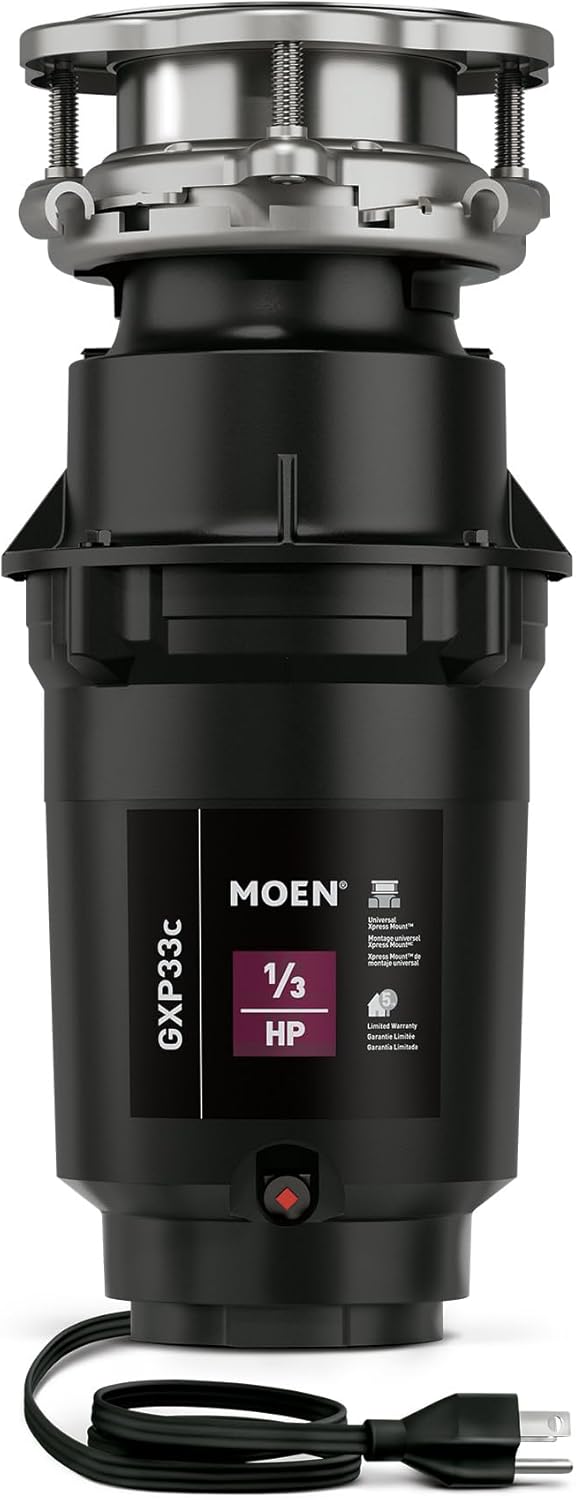 Moen Lite Series PRO Compact Continuous Feed Garbage Disposal for Kitchen Sink with Power Cord, GXP33C