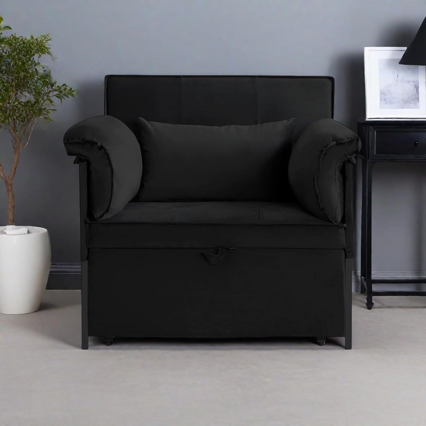 Pull Out Sofa Bed, Convertible Sleeper Chair Bed with Lumbar Pillow, 3-in-1 Sofa Chair with 3 Adjustable Backrest, Armchair Sleeper Small Couch for Small Spaces Living Room Black