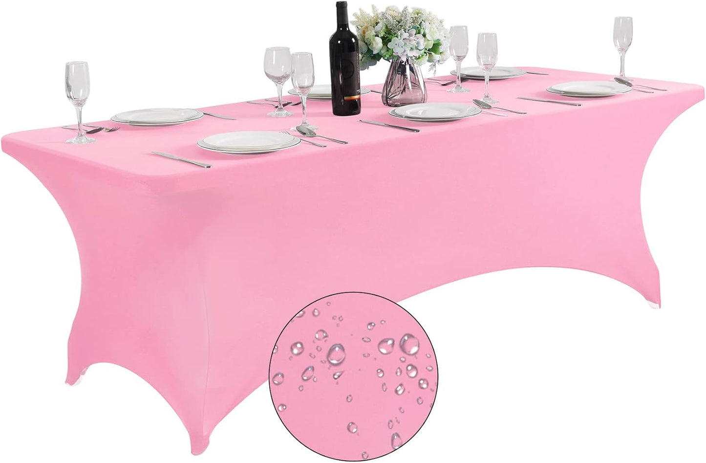 SuperO Waterproof Spandex Table Cover for 8FT Table Universal Fitted Stretch Tablecloth for Party, Banquet, Wedding and Events-Pink