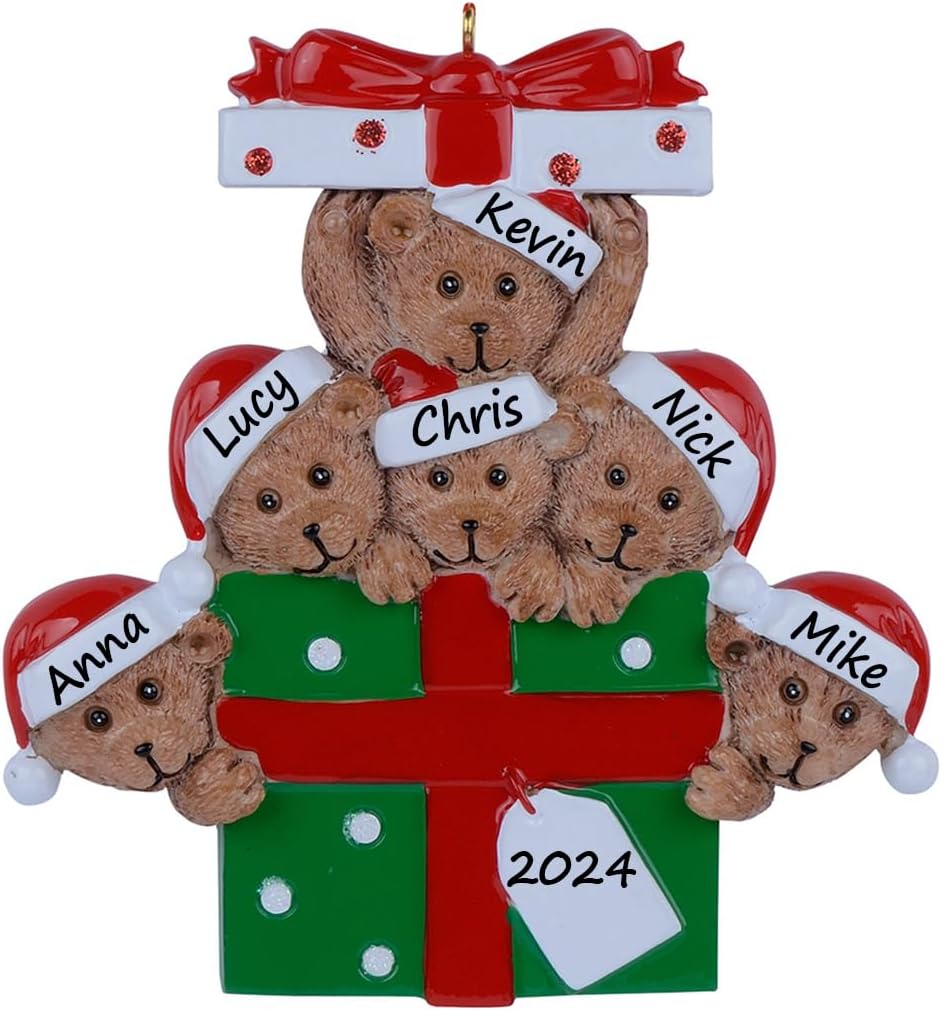 Personalized Family Ornament 2024, Bear Family of 6 Christmas Tree Ornament, Customized Teddy Bear Ornaments for Christmas Tree Decor, Unique Bear Gifts for Mom, Dad, Grandkids, Grandma, Grandpa