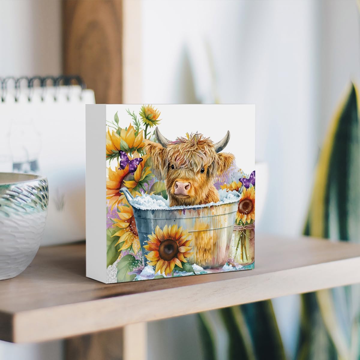Highland Cow Funny Bathroom Decor, Highland Cow Gifts, Highland Cow Decor,Highland Cow Nursery Decor,Wooden Box Decor Sign for Home Farmhouse Office Living Room Table Shelf Tiered Desk