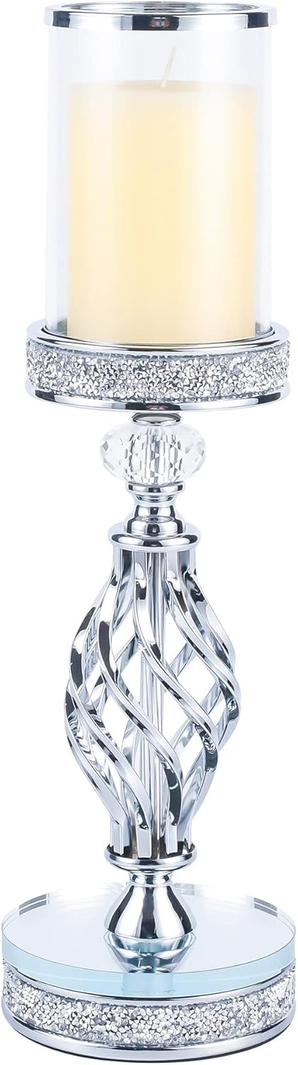 Hanjue Crystal Candle Holders for Pillar Candle, Metal Crystal Candle Holder for Home Decor, Centerpieces, Coffee Dining Table CH0509 (Silver (L))