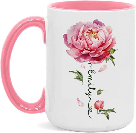 Flower Design Mug With Custom Name, Unique Peony Flower Ceramic Cup, Customized Flower Lover Coffee Mug, Personalized Peony Themed Decorative Cup, Novelty Peony Accent Mug 11oz 15oz