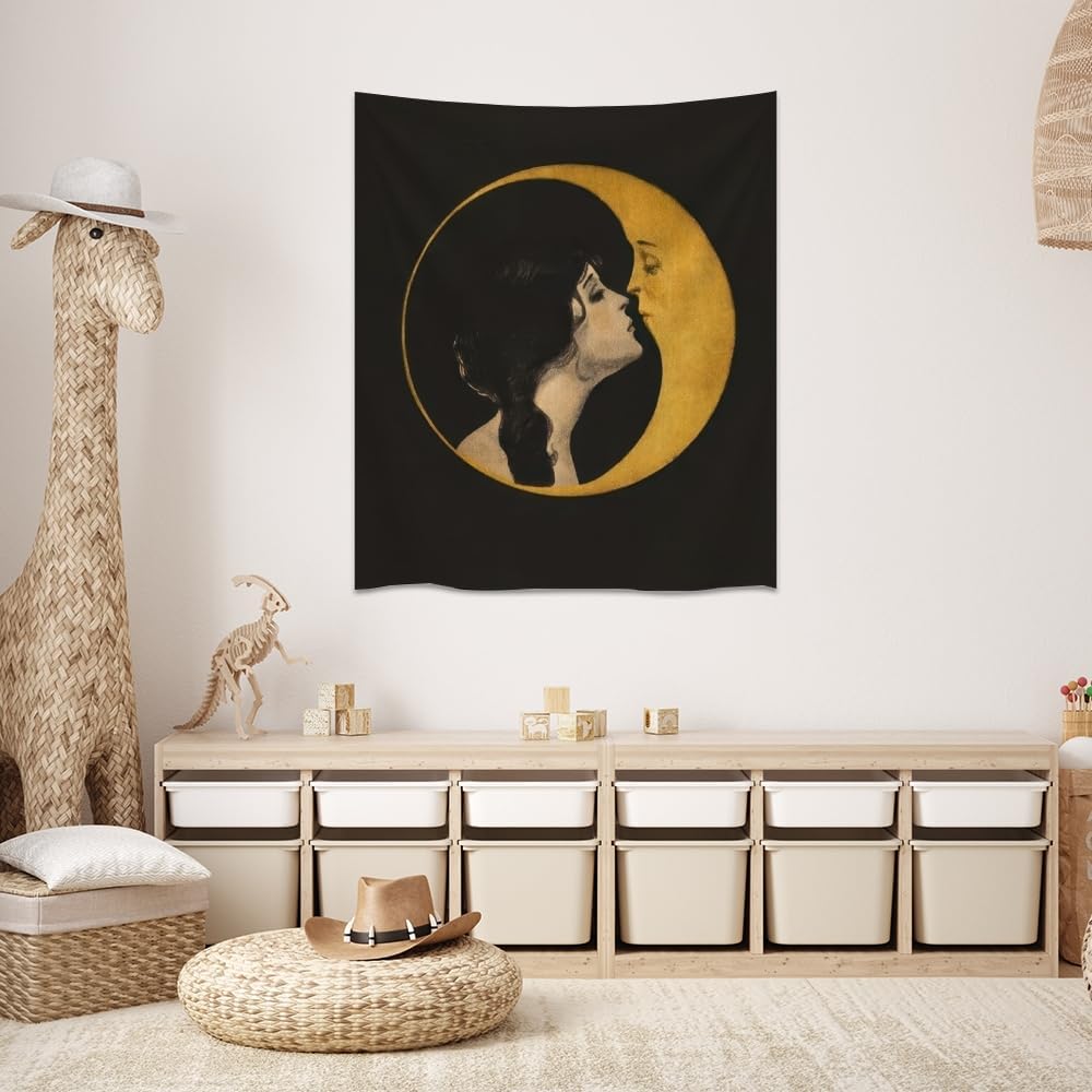 Dark Academia Woman Kissing Moon Art Tapestry Gothic Aesthetic Wall Hanging Witchy Picture Print Moon Goddess Tapestries Wall Decor for Living Room Bedroom Dorm 60x80inch