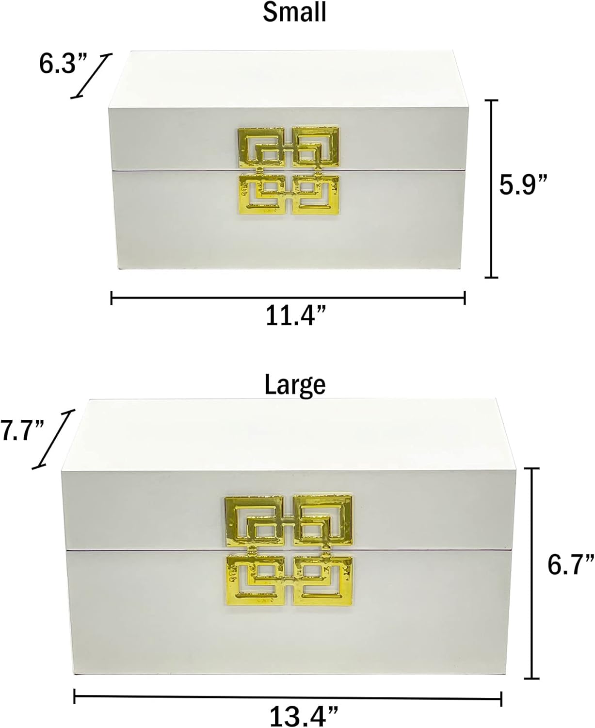 Galt International Large & Small Decorative Storage Box w/Hinged Lid - Classic Design Wood Decor Boxes with Geometric Opening Clasp - Home & Office Storage - Set of 2 (White + Gold)