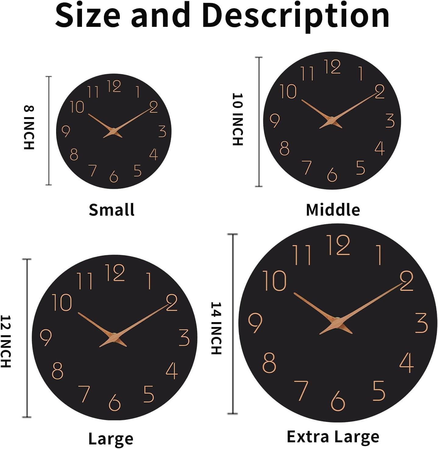 Mosewa Wall Clock 14 Inch Black Battery Operated Silent Non Ticking Simple Minimalist Rose Gold Numbers Decorative for Bedroom Living Room Kitchen Home Office
