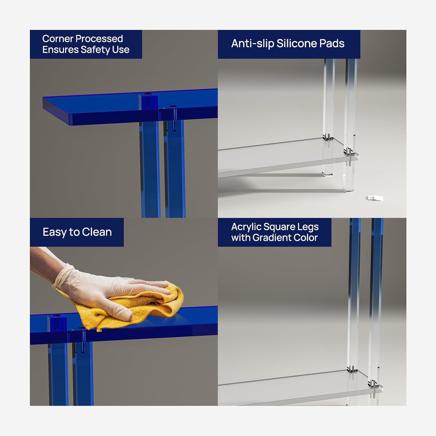 HMYHUM Narrow Acrylic Console Table, with Transparent Gradient Blue Square Legs, 7.6" Width, 2-Tier Clear Entryway Table for Hallway, Foyer, Sofa, Living Room, 39.4" L x 31.5" H