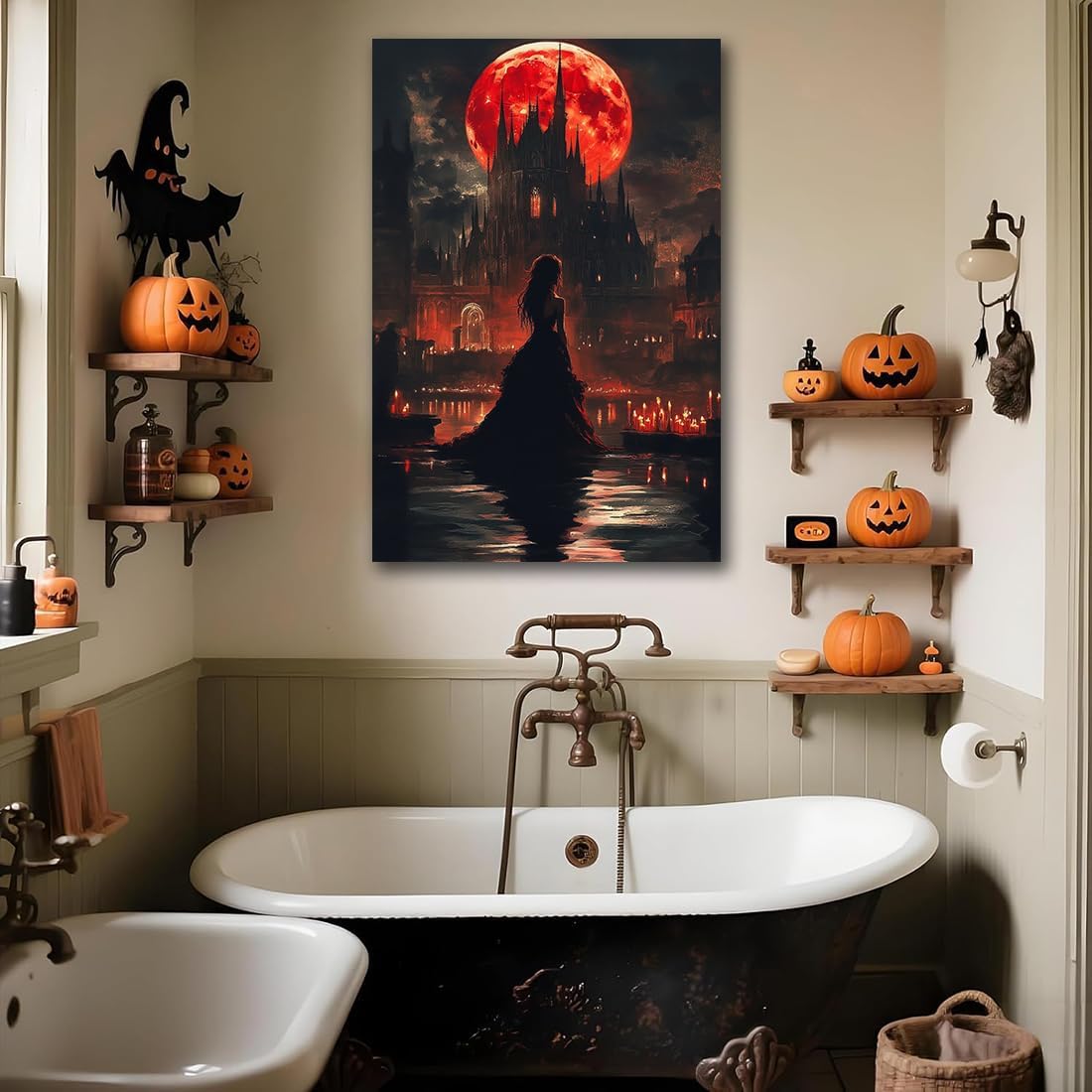Halloween Witch Poster Canvas Prints Art Vintage Decor,Red Castle Blood Moon and Witch Scene Gothic Painting,Rustic Dark Academia Wall Art for Bathroom Spooky Living Room Wall Decor,24"x36" Framed
