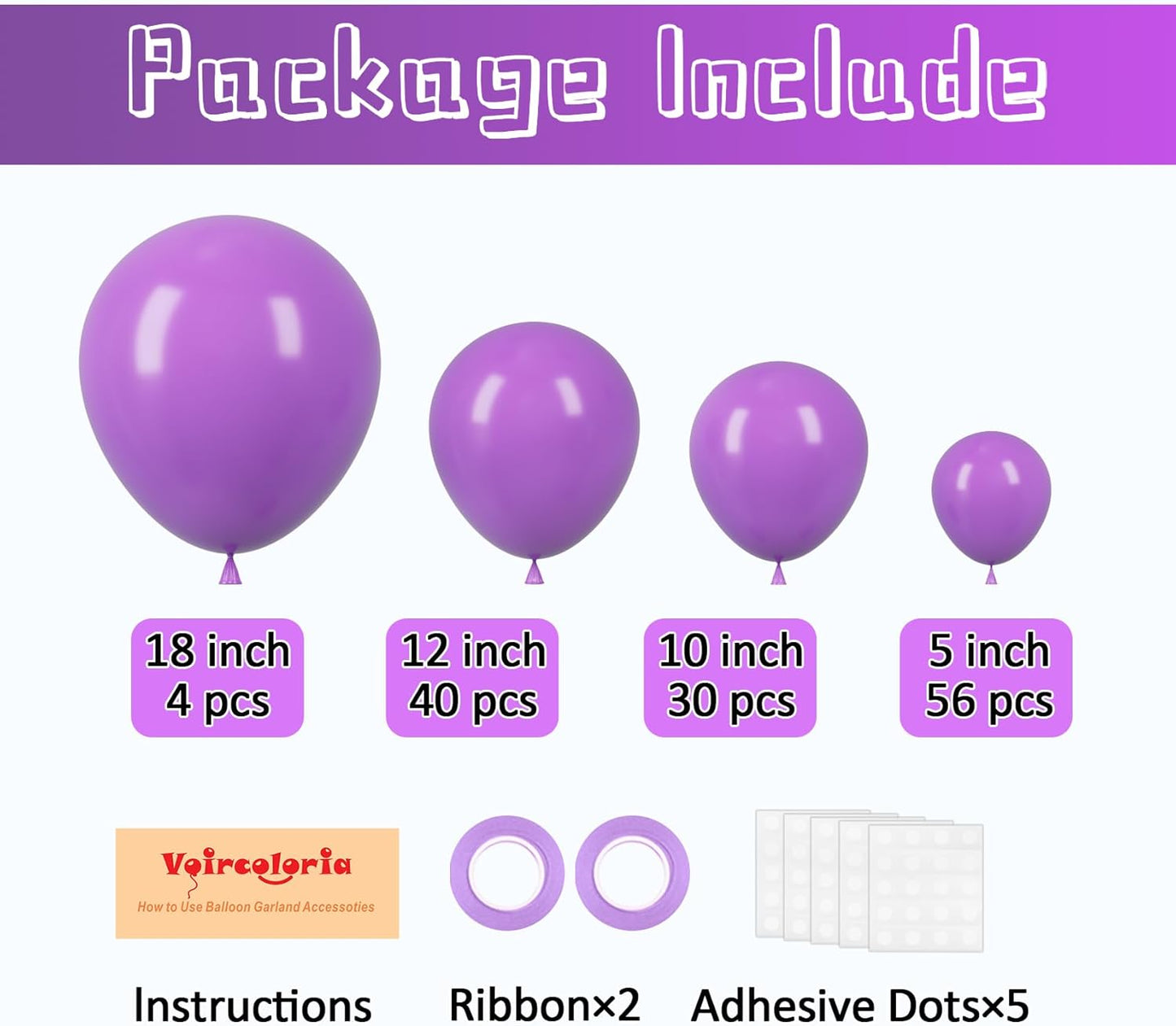 130pcs Purple Balloons Different Sizes 18" 12" 10" 5" Party Latex Balloons for Birthday Baby Shower Halloween Wedding Valentine's Day Party Bachelorette Decorations
