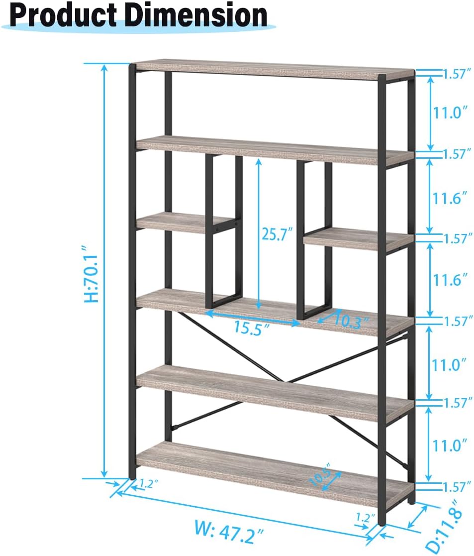 LVB Industrial 6 Tier Bookshelf, Large Tall Open Rustic Vintage Etagere Bookcase, Gray Big Wide Modern Farmhouse Wood and Metal Book Shelf for Home Bedroom Living Room Office Storage, Light Grey Oak