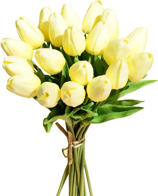 Mandy's Artificial Tulips 20 Stems Light Yellow PU Faux Flowers for Wedding Home Decor 13.5 Inch