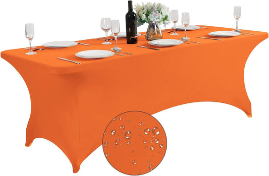 SuperO Waterproof Spandex Table Cover for 8FT Table Universal Fitted Stretch Tablecloth for Party, Banquet, Wedding and Events-Orange
